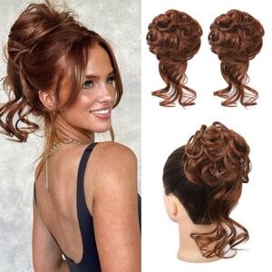 2PCS Messy Bun Hair Piece,Updo With Tendrils extension wig dark copper Christmas